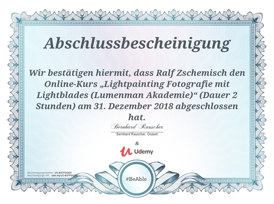 Meine Abschlussbescheinigung für den Kurs „Lightpainting Fotografie mit Lightblades“