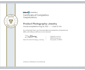 Meine Abschlussbescheinigung für den Kurs „Product Photography: Jewelry“