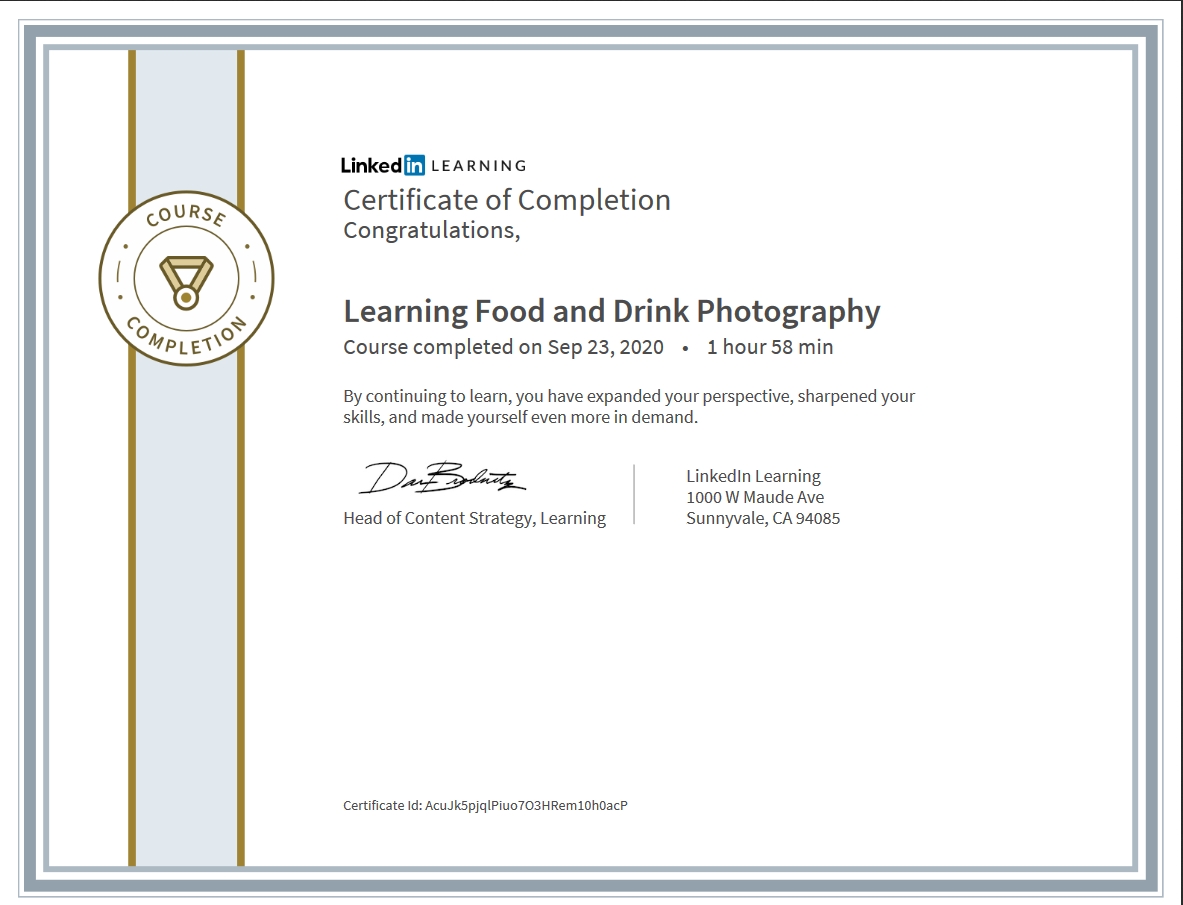 Meine Abschlussbescheinigung für den Kurs „Learning Food and Drink Photography“
