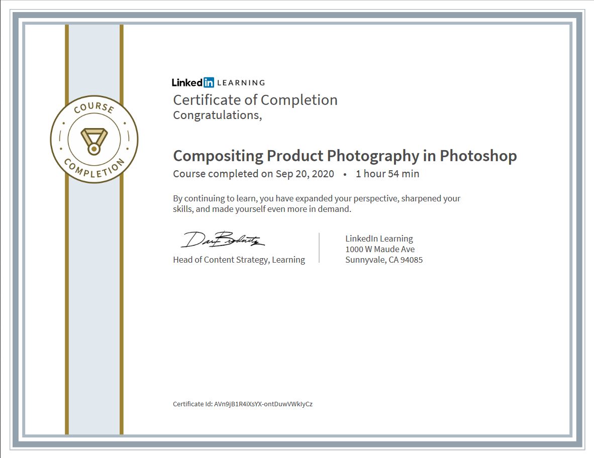 Meine Abschlussbescheinigung für den Kurs „Compositing Product Photography in Photoshop“