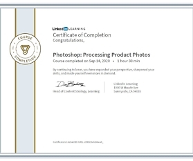 Meine Abschlussbescheinigung für den Kurs „Photoshop: Processing Product Photos“