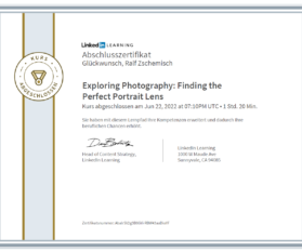 Meine Abschlussbescheinigung für den Kurs „Exploring Photography: Finding the Perfect Portrait Lens“