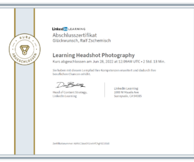 Meine Abschlussbescheinigung für den Kurs „Learning Headshot Photography“