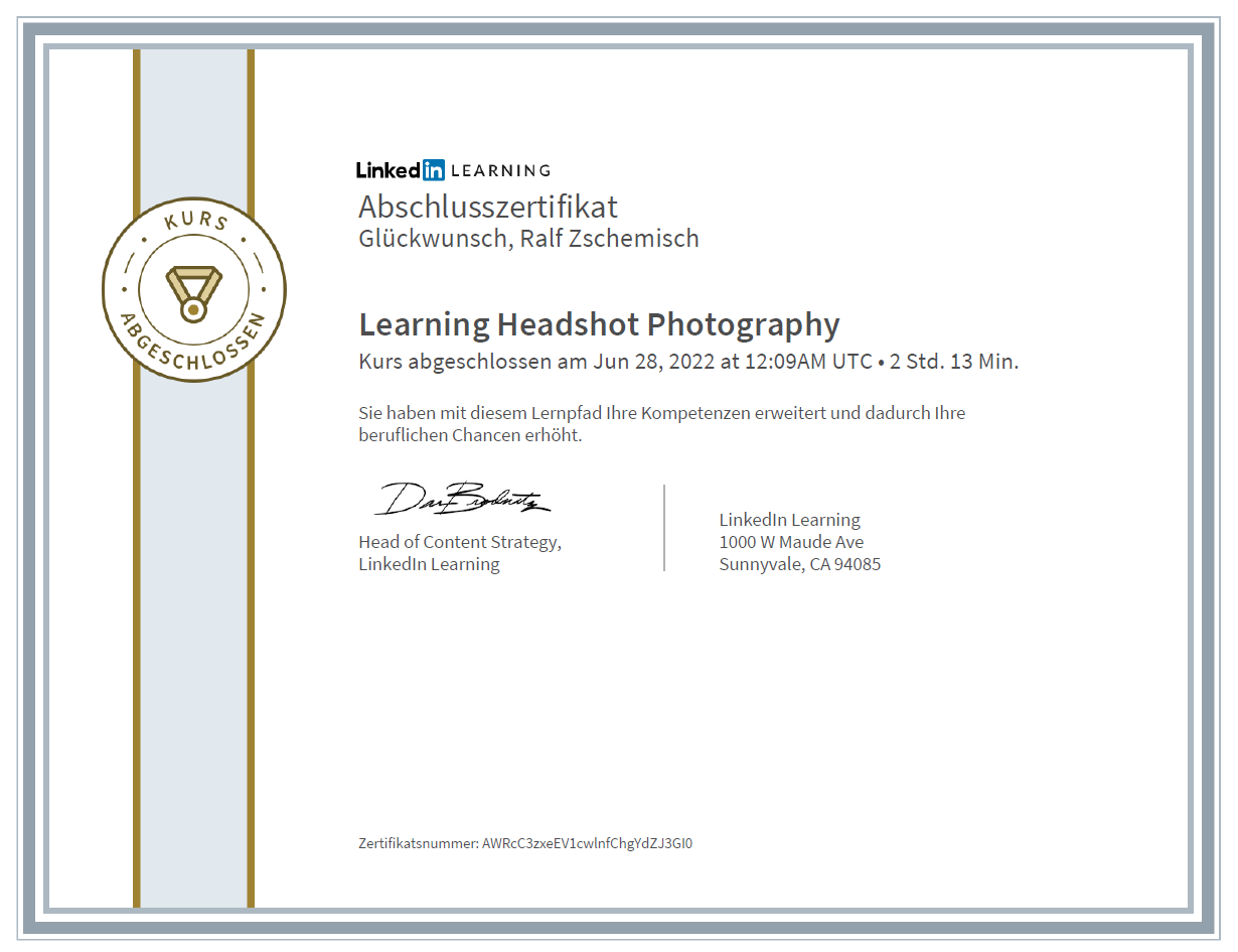 Meine Abschlussbescheinigung für den Kurs „Learning Headshot Photography“