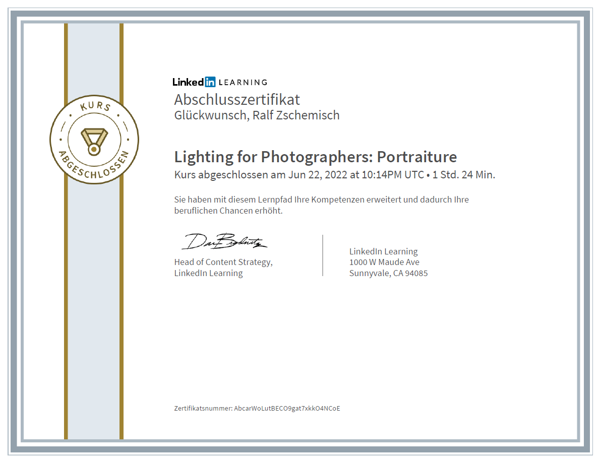 Meine Abschlussbescheinigung für den Kurs „Lighting for Photographers: Portraiture“