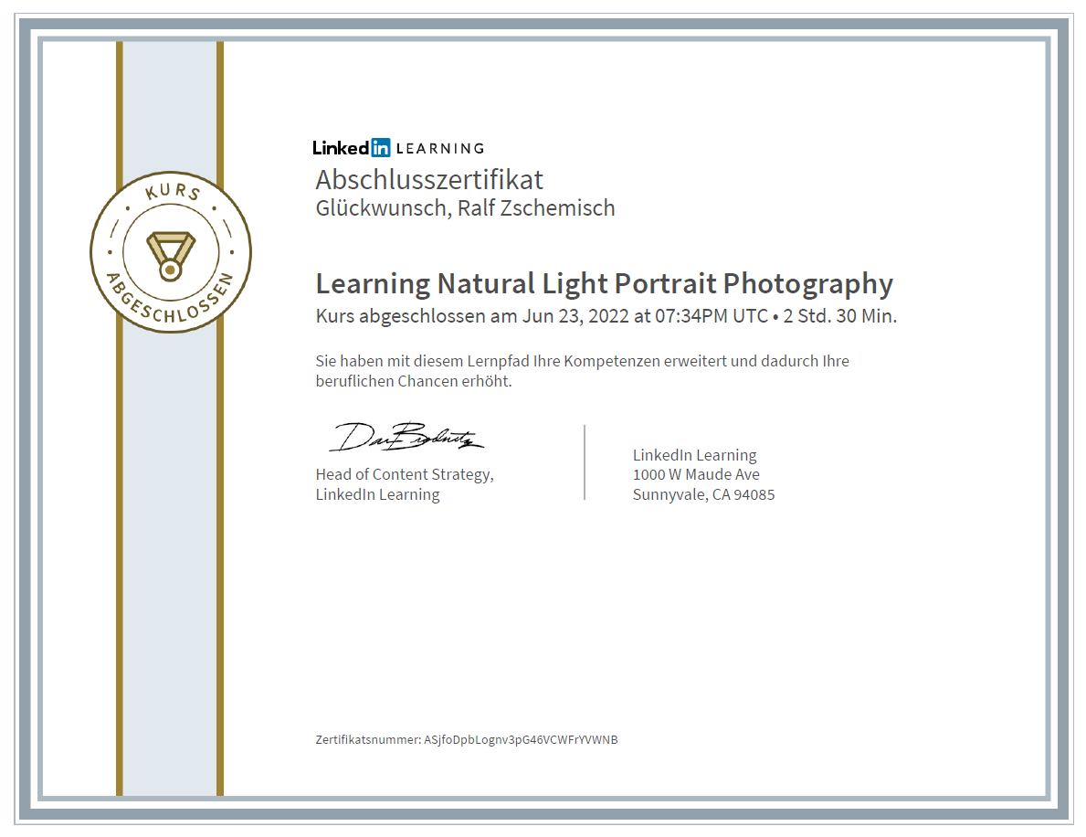 Meine Abschlussbescheinigung für den Kurs „Learning Natural Light Portrait Photography“