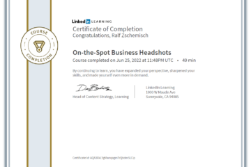Meine Abschlussbescheinigung für den Kurs „On-the-Spot Business Headshots“