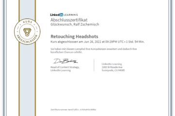 Meine Abschlussbescheinigung für den Kurs „Retouching Headshots“