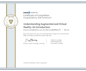 Meine Abschlussbescheinigung für den Kurs „Understanding Augmented and Virtual Reality: An Introduction“