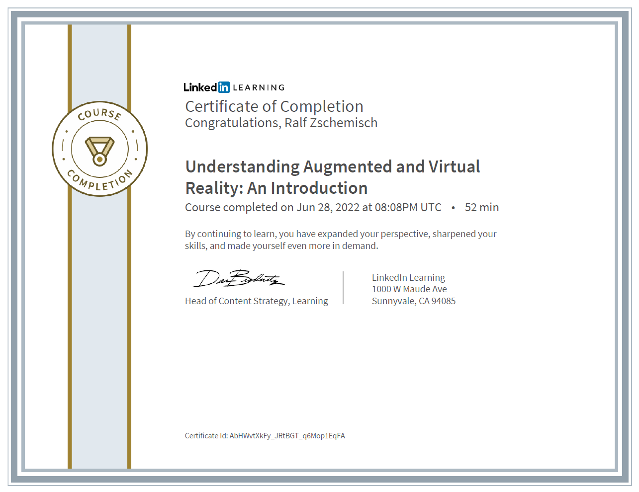 Meine Abschlussbescheinigung für den Kurs „Understanding Augmented and Virtual Reality: An Introduction“