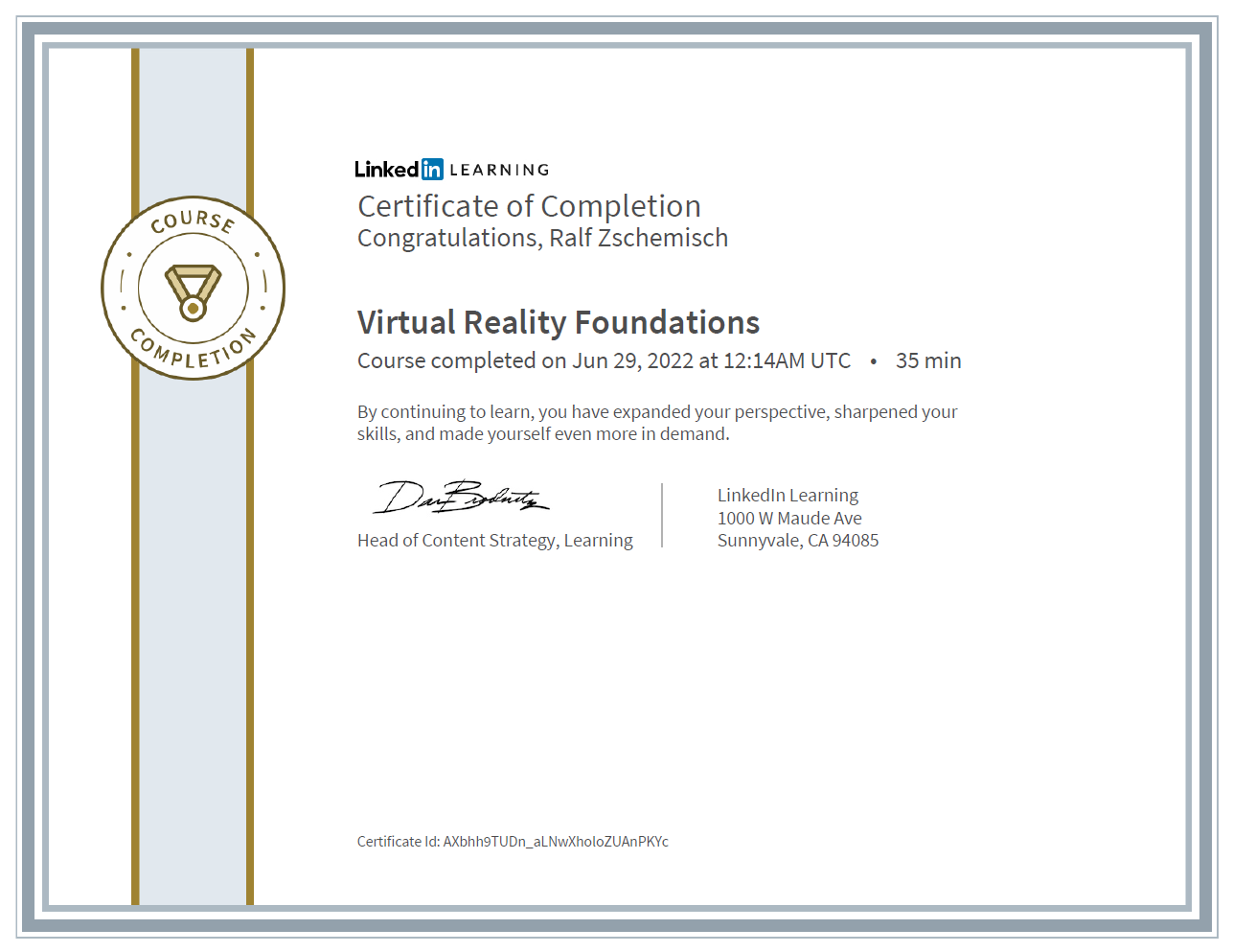 Meine Abschlussbescheinigung für den Kurs „Virtual Reality Foundations“