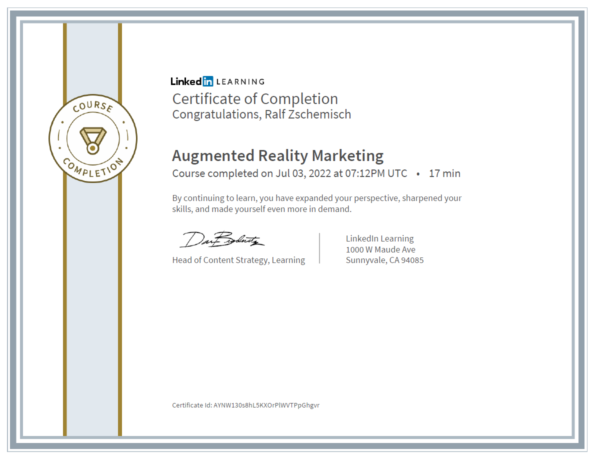 Meine Abschlussbescheinigung für den Kurs „Augmented Reality Marketing“.