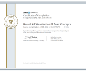 Meine Abschlussbescheinigung für den Kurs „Unreal: AR Visualization 01 Basic Concepts“.