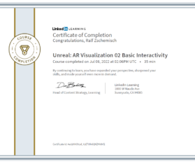 Meine Abschlussbescheinigung für den Kurs „Unreal: AR Visualization 02 Basic Interactivity“.