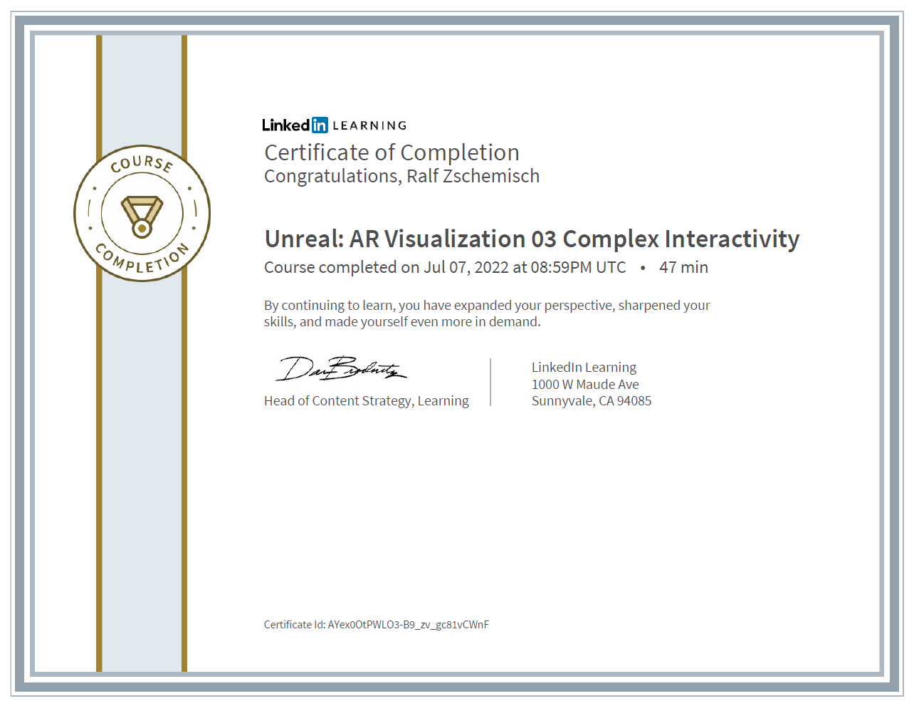 Meine Abschlussbescheinigung für den Kurs „Unreal: AR Visualization 03 Complex Interactivity“.