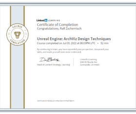 Meine Abschlussbescheinigung für den Kurs „Unreal Engine: ArchViz Design Techniques“.