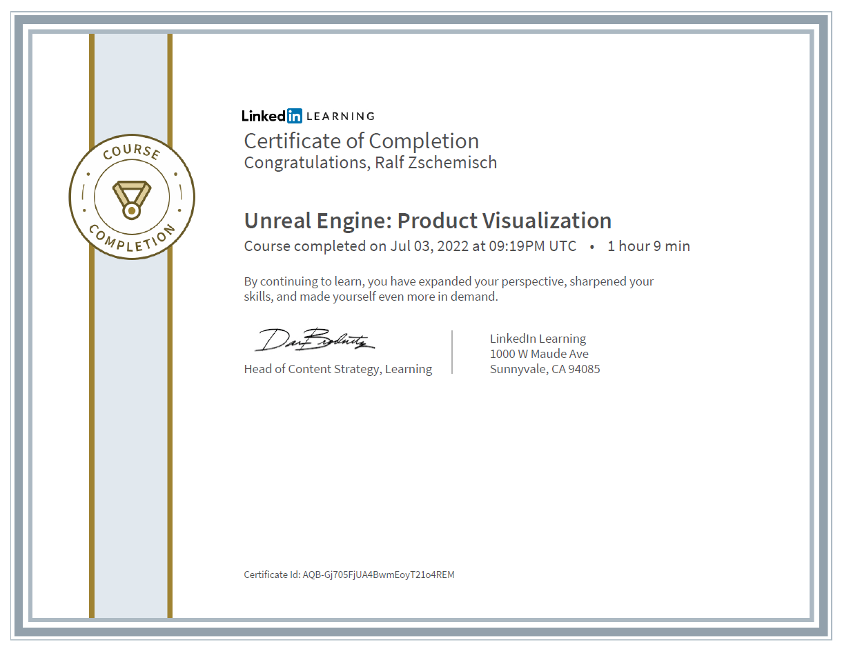 Meine Abschlussbescheinigung für den Kurs „Unreal Engine: Product Visualization“.