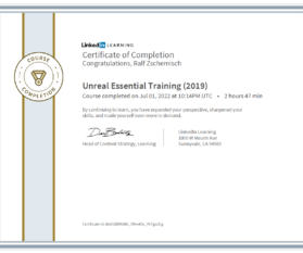 Meine Abschlussbescheinigung für den Kurs „Unreal Essential Training“.