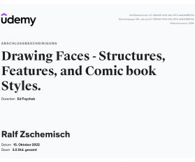 Meine Abschlussbescheinigung für den Kurs „Drawing Faces – Structures, Features, and Comic book Styles“