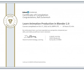 Meine Abschlussbescheinigung für den Kurs „Learn Animation Production in Blender“
