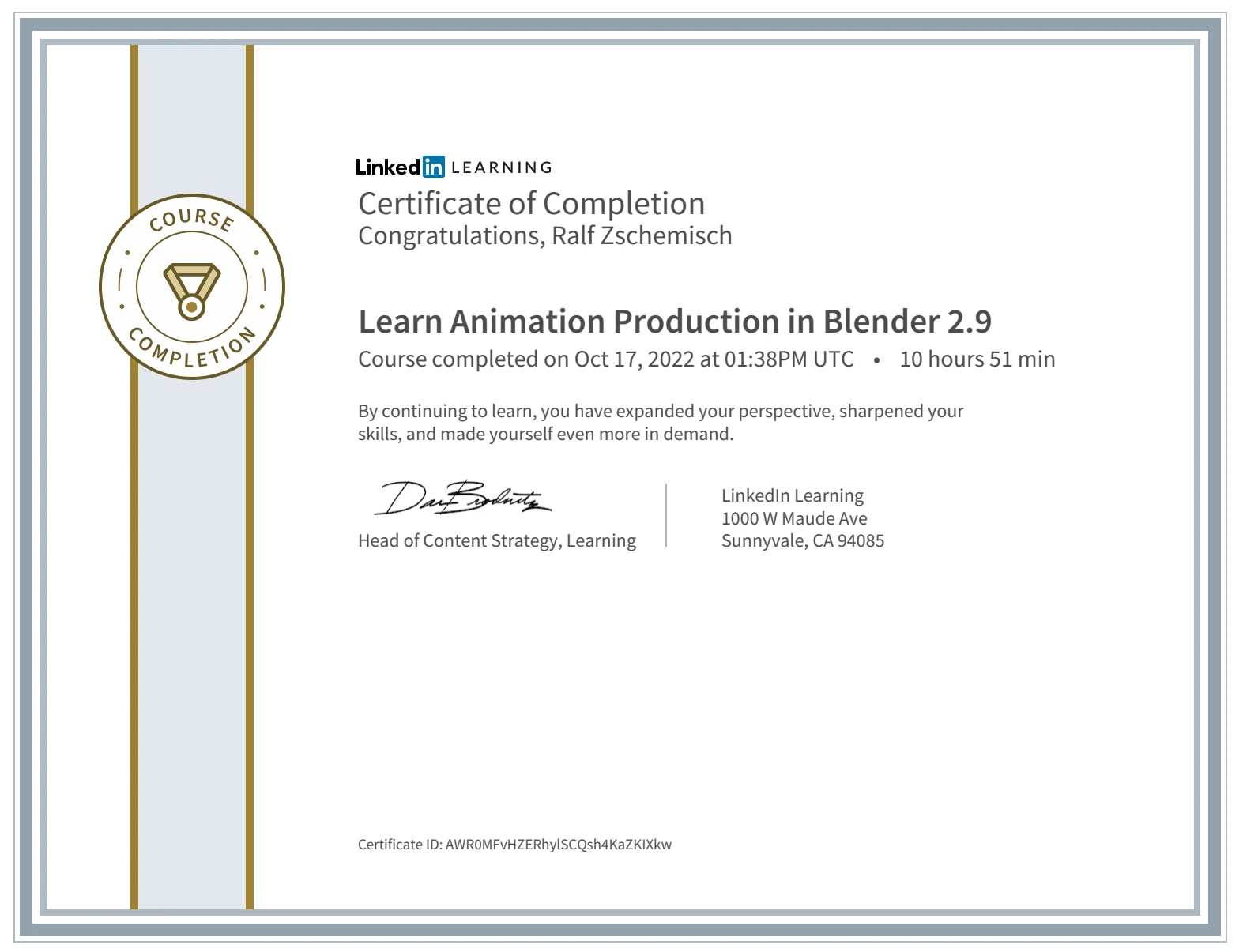 Meine Abschlussbescheinigung für den Kurs „Learn Animation Production in Blender 2.9“