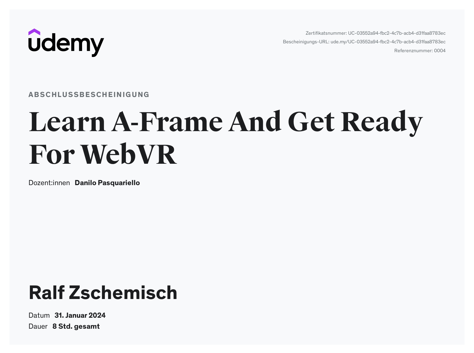 Abschlussbescheinigung Learn A-Frame And Get Ready For WebVR